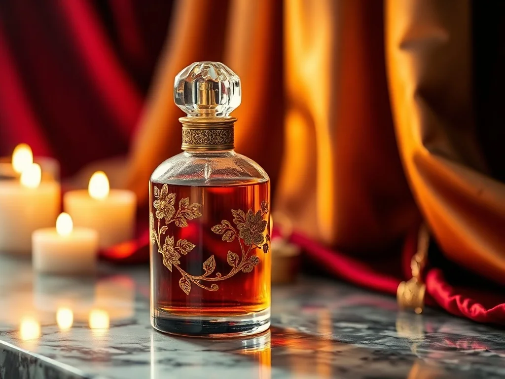 Elegancki flakon arabskich perfum ze złotymi zdobieniami na marmurowym blacie w otoczeniu ciepłego światła świec.