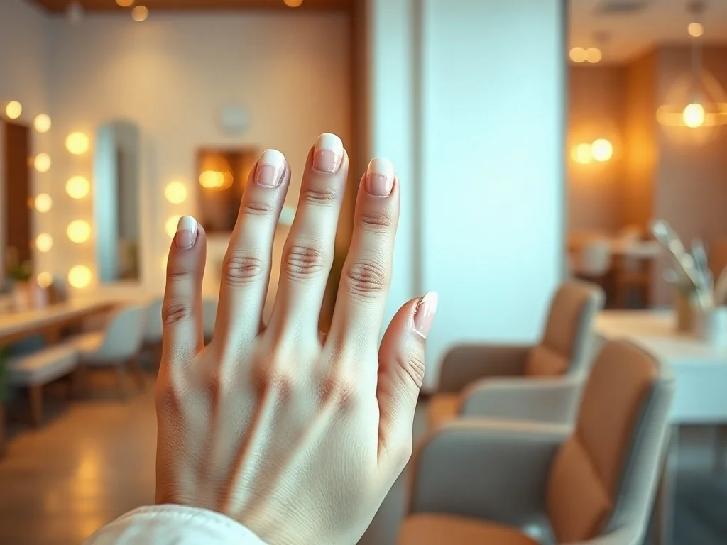 Dłonie z eleganckim manicure typu babyboomer z płynnym przejściem bieli w róż w minimalistycznym salonie kosmetycznym.